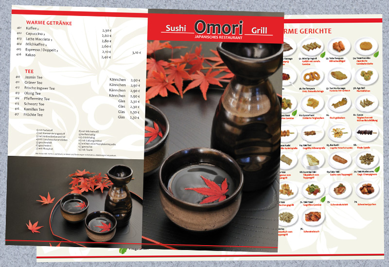 Getränke- und Speisekarte für das Sushi-Restaurant Omori in Bochum in beige mit roten Linien